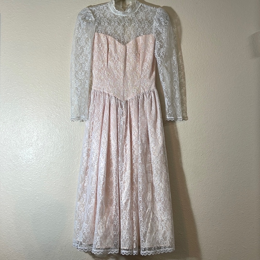 Vintage Gunne Sax Jessica McClintock Fit & Flare Ivory Pink Dress size 5/6